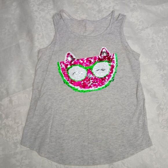 Place Girls Flip Sequin Watermelon Cat Fox Tank Top Light Gray Pink Size 14 XL - Picture 2 of 9